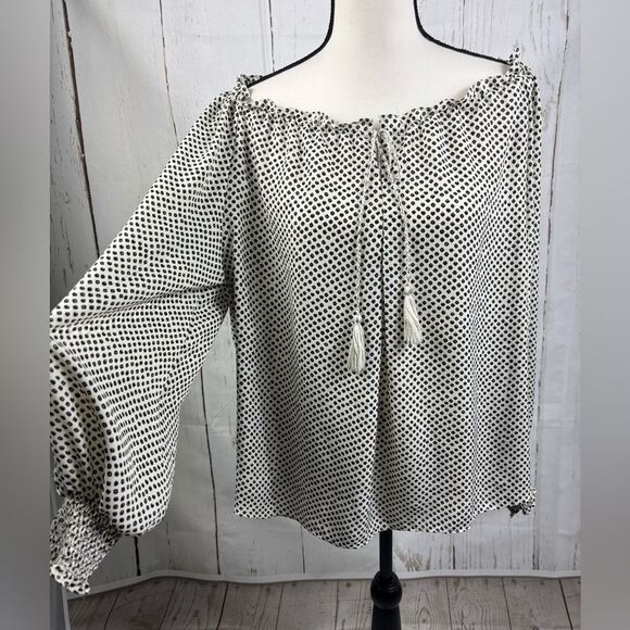 Max Studio Blouse Tie Neck Long Sleeve Ruched Cuff Geometric Polka Dot Boat Neck - Picture 8 of 8